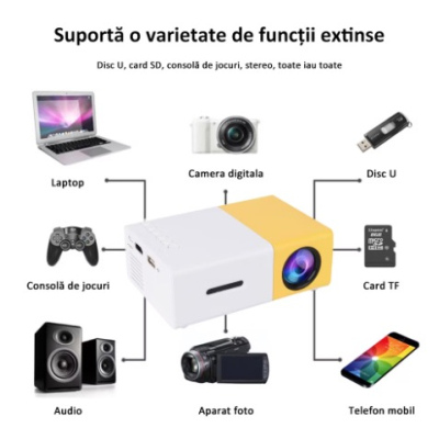 Video Proiector Mini Portabil LED 1080P Full HD Display Galben Alb