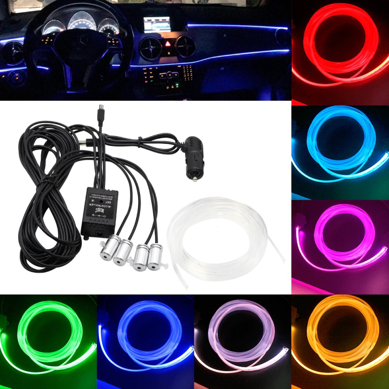 Lumini Ambientale Auto Bluetooth cu LED 6M Fibra Optica 5 Capete Controlabile cu Aplicatie Lotus Lantern