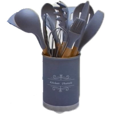 Set 12 ustensile de bucătărie cu mâner de lemn GRI
