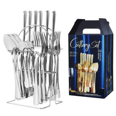 Set 24 piese tacamuri ARGINTII cu suport otel inoxidabil