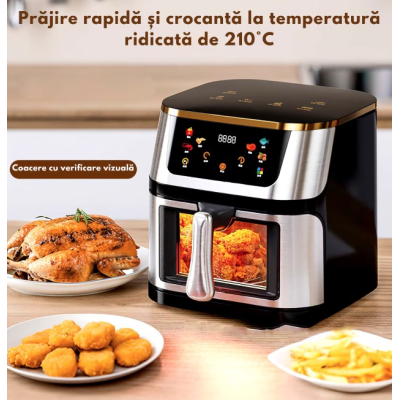 Friteuza cu aer cald Airfryer fara ulei ecran digital tactil functii de gatire presetate sertar cu geam transparent