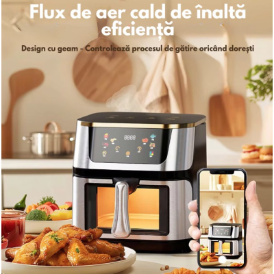 Friteuza cu aer cald Airfryer fara ulei ecran digital tactil functii de gatire presetate sertar cu geam transparent