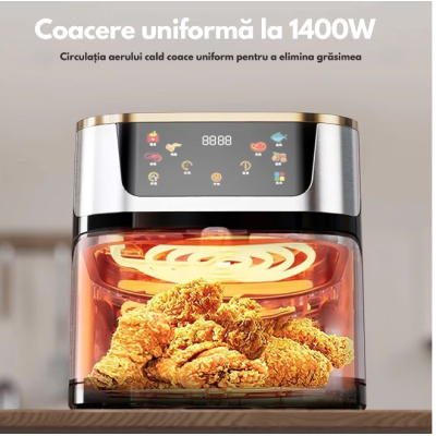 Friteuza cu aer cald Airfryer fara ulei ecran digital tactil functii de gatire presetate sertar cu geam transparent