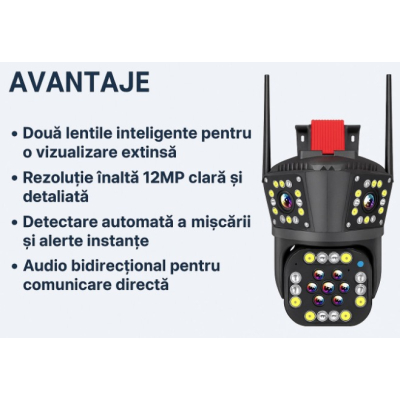 Camera de Supraveghere Inteligenta WiFi pentru exterior cu doua lentile detectare a miscarii vedere pe timp de noapte 12MP