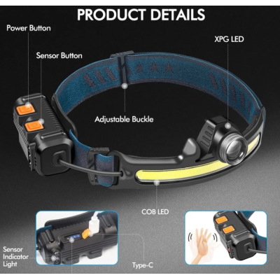 Lanterna de cap LED COB cu inductie W678 si 3 moduri iluminare USB 3W