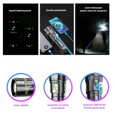 Lanterna profesionala BL G601 fiabilitate 4 acumulatori 18650 Incarcare USB