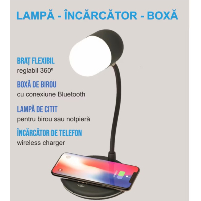 Lampa de birou cu incarcator wireless pentru telefon cu boxa bluetooth pliabila