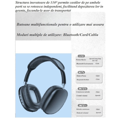 Casti audio P9 Pro Max Wireless Bluetooth sunet 3D difuzor HiFi NEGRU