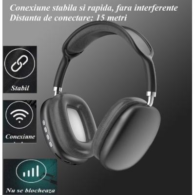Casti audio P9 Pro Max Wireless Bluetooth sunet 3D difuzor HiFi NEGRU