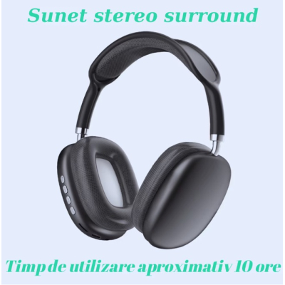Casti audio P9 Pro Max Wireless Bluetooth sunet 3D difuzor HiFi NEGRU