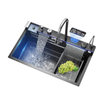 Chiuveta multifunctionala de bucatarie negru grafit cu 2 cascade robinet cascada afisaj digital temperatura 750x450