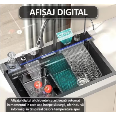 Chiuveta multifunctionala de bucatarie negru grafit cu 2 cascade robinet cascada afisaj digital temperatura 750x450