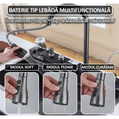 Chiuveta multifunctionala de bucatarie negru grafit cu 2 cascade robinet cascada afisaj digital temperatura 750x450