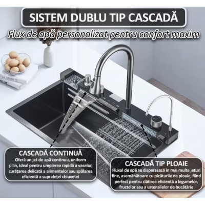 Chiuveta multifunctionala de bucatarie negru grafit cu 2 cascade robinet cascada afisaj digital temperatura 750x450