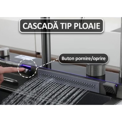 Chiuveta multifunctionala de bucatarie negru grafit cu 2 cascade robinet cascada afisaj digital temperatura 750x450