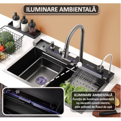 Chiuveta multifunctionala de bucatarie negru grafit cu 2 cascade robinet cascada afisaj digital temperatura 750x450