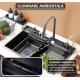 Chiuveta multifunctionala de bucatarie negru grafit cu 2 cascade robinet cascada afisaj digital temperatura 750x450