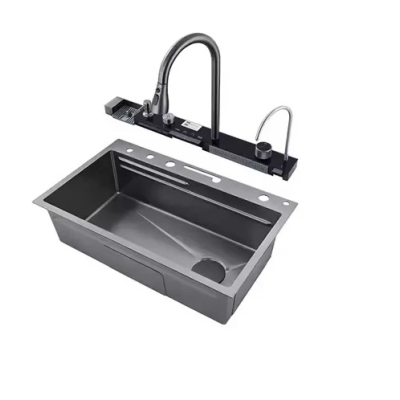 Chiuveta multifunctionala de bucatarie negru grafit cu 2 cascade robinet cascada afisaj digital temperatura 750x450