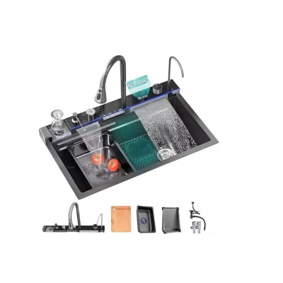 Chiuveta multifunctionala de bucatarie negru grafit cu 2 cascade robinet cascada afisaj digital temperatura 750x450