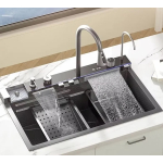 Chiuveta multifunctionala de bucatarie negru grafit cu 2 cascade robinet cascada afisaj digital temperatura 750x450