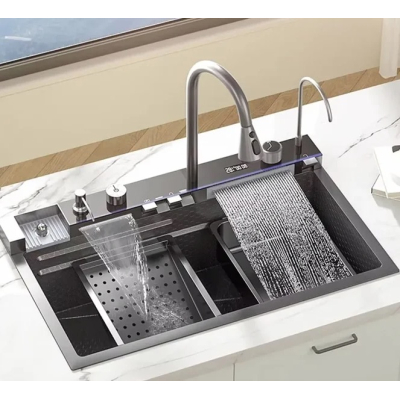 Chiuveta multifunctionala de bucatarie negru grafit cu 2 cascade robinet cascada afisaj digital temperatura 750x450