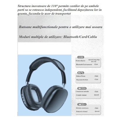 Casti audio P9 Pro Max compatibile cu IOS/Android Wireless sunet 3D difuzor HiFi NEGRU