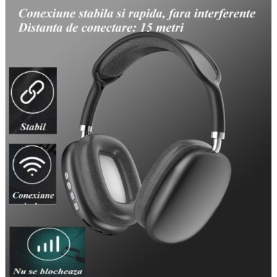 Casti audio P9 Pro Max compatibile cu IOS/Android Wireless sunet 3D difuzor HiFi NEGRU