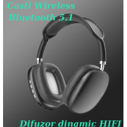 Casti audio P9 Pro Max compatibile cu IOS/Android Wireless sunet 3D difuzor HiFi NEGRU