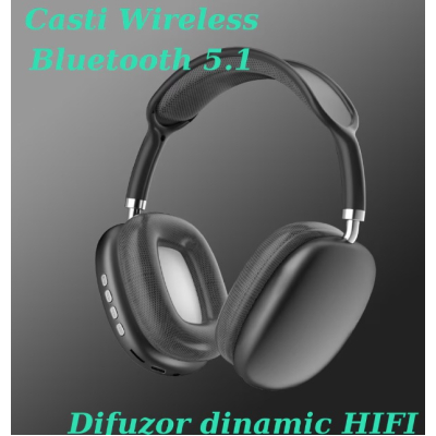 Casti audio P9 Pro Max compatibile cu IOS/Android Wireless sunet 3D difuzor HiFi NEGRU