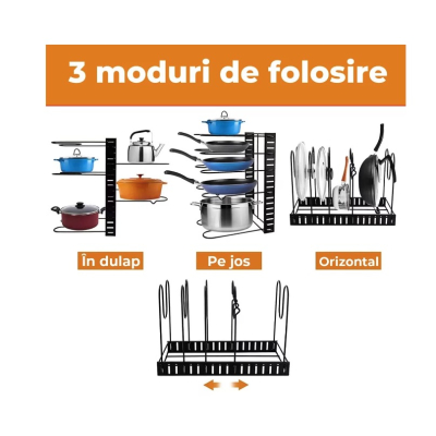Suport organizator metalic pentru oale si tigai cu 5 rafturi