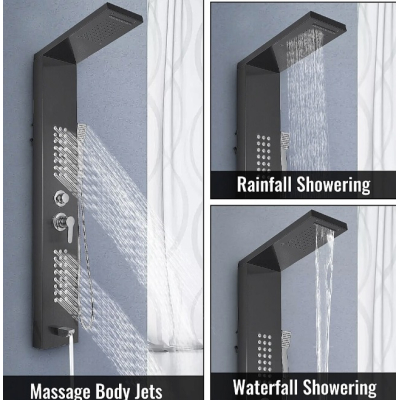 Panou de dus cu hidromasaj Inox Functie ploaie/cascada/jeturi masaj NEGRU MAT
