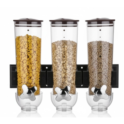 Dispenser TRIPLU pentru cereale si alimente uscate montat pe perete cu 3 cupe