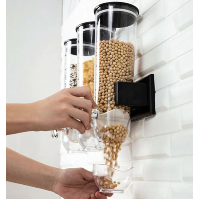 Dispenser TRIPLU pentru cereale si alimente uscate montat pe perete cu 3 cupe