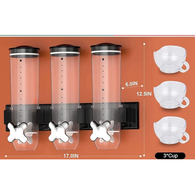 Dispenser TRIPLU pentru cereale si alimente uscate montat pe perete cu 3 cupe