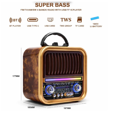 Radio portabil Kalade Bluetooth maron cu rama aurie