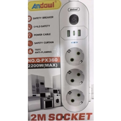 Prelungitor cu 3 prize USB intrerupator si protectie la supratensiune 2 m Andowl Q PX360