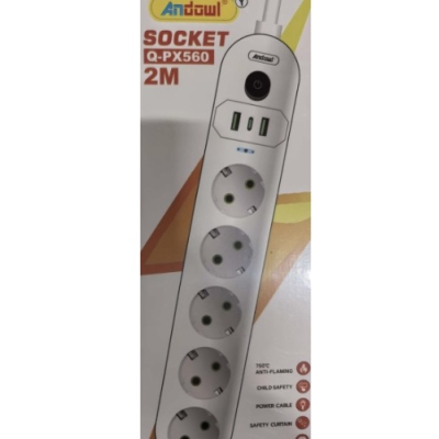 Prelungitor cu 5 prize USB intrerupator si protectie la supratensiune 2 m Andowl Q PX560