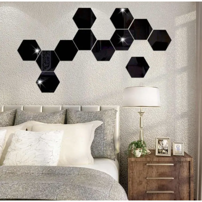 Set 12 oglinzi acrilice autoadezive decorative forma hexagon NEGRE