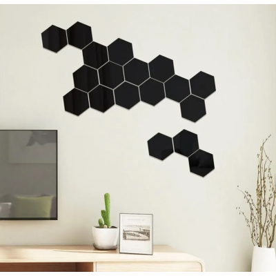 Set 12 oglinzi acrilice autoadezive decorative forma hexagon NEGRE