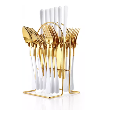 Set tacamuri 24 piese cu suport otel inoxidabil ALB AURIU