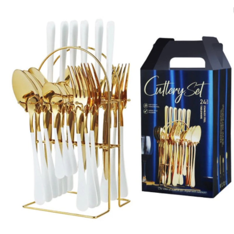 Set tacamuri 24 piese cu suport otel inoxidabil ALB AURIU