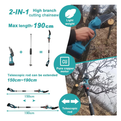 Set foarfeca gradina eelctrica si mini drujba 2 acumulatori 48V cu brat telescopic