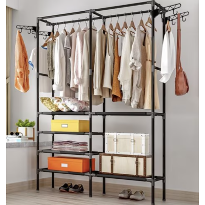 Suport pentru haine din metal 6 rafturi cu 2 bare de suspendare 86x30x180cm ALB