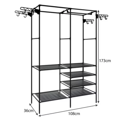 Suport pentru haine din metal 6 rafturi cu 2 bare de suspendare 86x30x180cm ALB