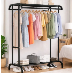 Suport haine metalic 2 rafturi capacitate 50 kg design arcuit negru 109x50.5x148cm