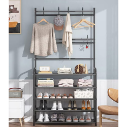 Cuier haine cu 5 rafturi pentru incaltaminte 8 carlige metalic negru 80 X 27.5 X 172 cm