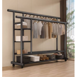 Suport haine dublu cu rafturi si roti design industrial negru 150 × 40 × 154,4 cm