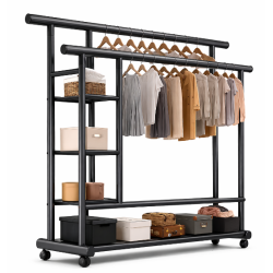 Suport haine dublu cu rafturi si roti design industrial negru 150 × 40 × 154,4 cm