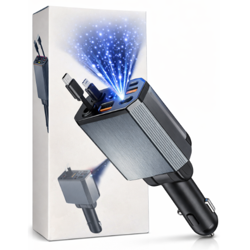 Incarcator Auto 4 in 1 cu cabluri retractabile USB + Type C + lightning ZTB A26 lumina cer instelat