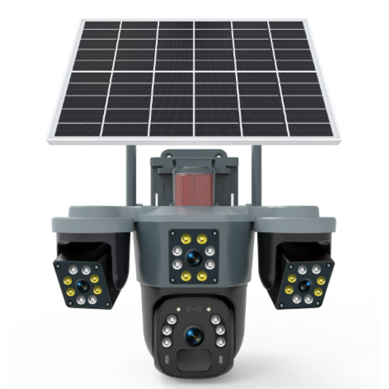 Camera de supraveghere cu panou solar si 4 lentile 4G cu senzor miscare si alarma GRI leduri multiple